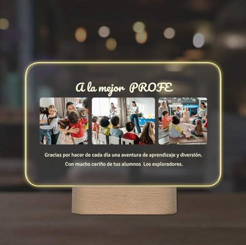 Lámpara Personalizada con Fotos y Texto – Regalo para Profesora – Detalle Fin de Curso – Luz LED – Regalo Original para Maestra Infantil o Primaria – Placa de Metacrilato (PROFESORA)