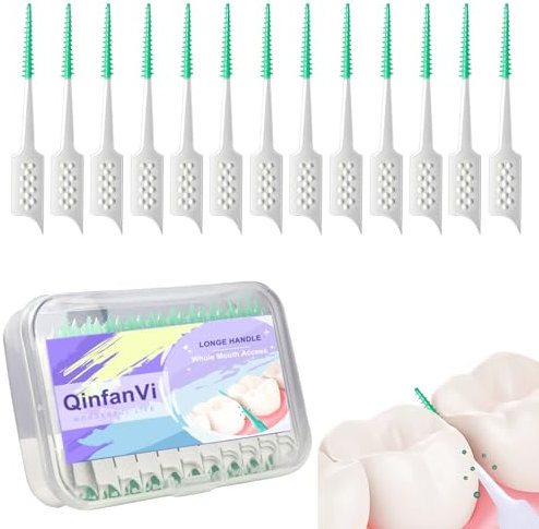 QinfanVi 200PCS Dual-Use Interdental Brushes,Soft Silicone Tooth Floss Picks, Floss Brushes Toothpicks for Clean Between Brushes, Dental Floss Picks for Braces Oral Cleaning (Green)