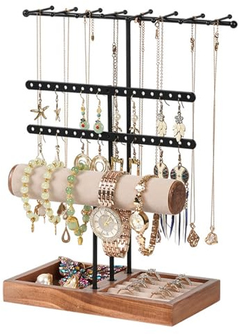Pummny Schmuckständer, Schmuckhalter, mit Ringbasis Kettenständer Schmuck, 5 Lagiger kettenständer, Ketten Aufbewahrung, Schmuck Organizer Ständer, für Halsketten, Ringe, Armbänder, Uhren, Schwarz