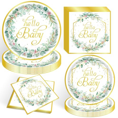 52 PCS Sage Greenery Hello Baby Tableware Set, Green Gold Eucalyptus Leaf Baby Shower Plates and Napkins Sets for Baby Girl Boy Neutral Baby Shower Party Decorations Supplies