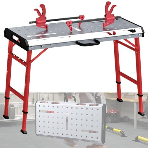 TANGZON Folding Welding Table, 1000LBS Load Tiltable Steel Workbench with Adjustable Height, 107 x 62 x 70-93cm Galvanized Metal Tabletop, Bar Clamp, Carrying Handle, Welding Working Table for Garage