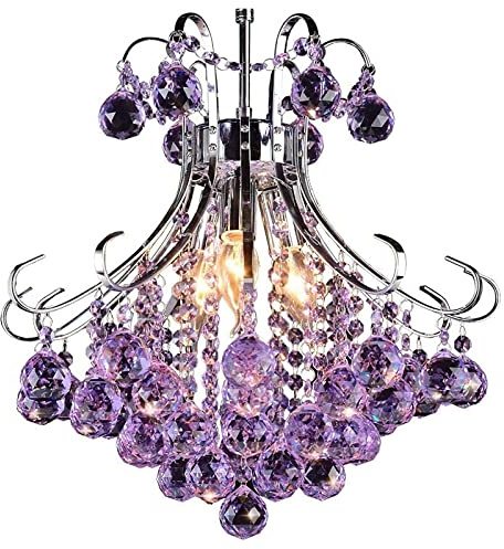 Moderner Kristall-Kronleuchter, lila K9-Kristall-Regentropfen-Kronleuchter, Unterputz-Deckenleuchte, 3-flammige LED-Pendelleuchte für Schlafzimmer, Esszimmer, Wohnzimmer, lila 30 x 35 cm (12 x 14