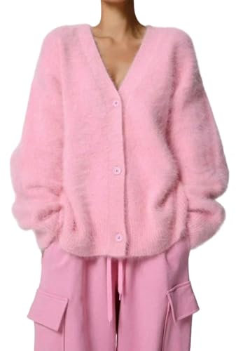 SYLDMKJ Cardigan Donna Sighi Casual A Maniche Lunghe con Scollo A V Cardigan da Donna-Rosa-S