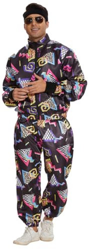 CEKUIA 80s 90s Fancy Dress Shell Suit Disco Dress Costume for Men Women Tracksuit with Headband Glasses Wristbands