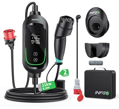 INFGO Mobile Wallbox 11kW [3-phasig, 6,2m, 6-16A], EV Charger mit Einstellbarer Ladeleistung & Timer-Funktion, Typ 2 Ladekabel CEE Stecker für Model Y/3, ID.3, i4, EQB, e-tron usw., Schwarz