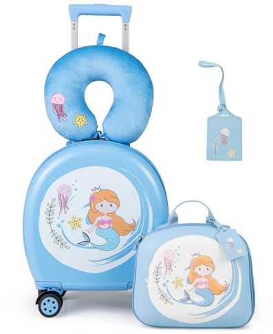 SOARS 4tlg. Kinderkoffer Set, 14” Kindertrolley mit Rucksack, Nackenkissen, Kofferanhänger, Kindergepäck mit Rollen & Teleskopgriff, Reisekoffer Kinder Jungen & Mädchen (Wassernixe)