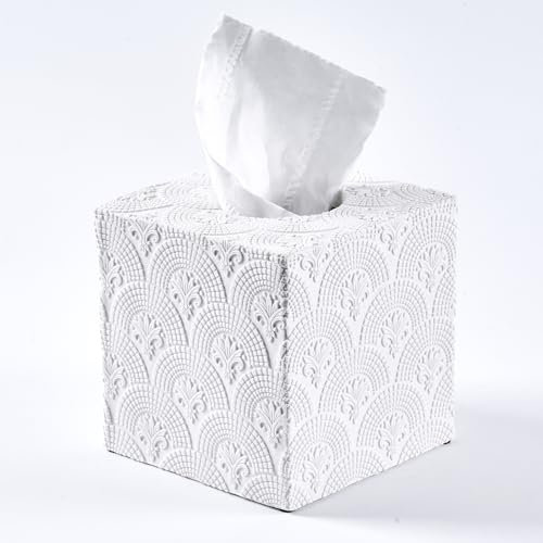 Ekirlin Taschentuchbox mit Blumenstrukturen, quadratisch, für Zuhause, weißes Harz, schwere Taschentuchbox für Badezimmer, Arbeitsplatte, Tisch, Nachttisch, Büro