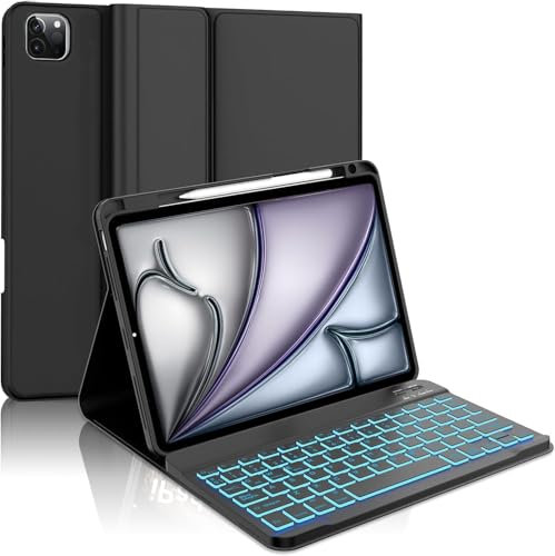 WAVATA Funda Teclado para iPad Air 5/4- Funda para iPad Pro 11'' 4/3/2/1 Gen- Teclado Español para iPad Air 11‘’ 2024 con Retroiluminado Bluetooth Desmontable-Negro