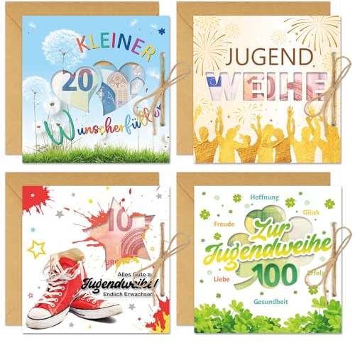 DPKOW Jugendweihe Geldgeschenk Verpackung, Geschenke für Jungen Mädchen, 4 Stk Karten Wunscherfüller Jugendweihe Postkarte Geldkarte Glückwunschkarten