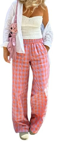 SYHVGI Pantaloni da donna con stampa scozzese elastico in vita gamba larga pantaloni casual pull on pantaloni larghi pantaloni a palazzo, rosa, L