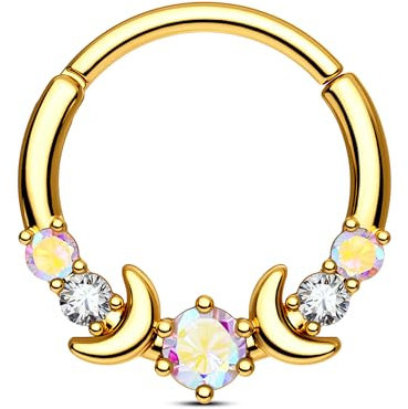 CM Crareesi Mania Septum Daith Helix Mondphase Piercing Edelstahl 316L Gold Ohrringe Creolen 10mm mit Kristall AB Klar Zirkonia für Damen Herren