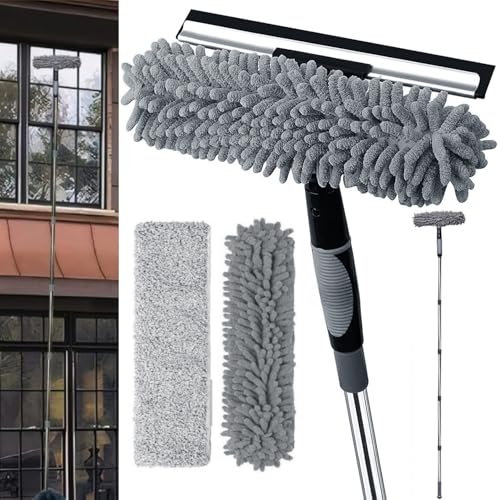 15Ft Extendable Window Cleaner, 2-in-1 Window Squeegee Cleaning Equipment, Long Handle Extendable Telescopic Glass Cleaner Brush with 10 Extension Pole, 2 Microfiber Cloth for High Windows