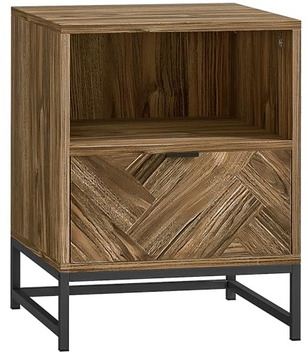 HOMCOM Bedside Table with Drawer, Shelf, Steel Legs, Brown Wood Effect