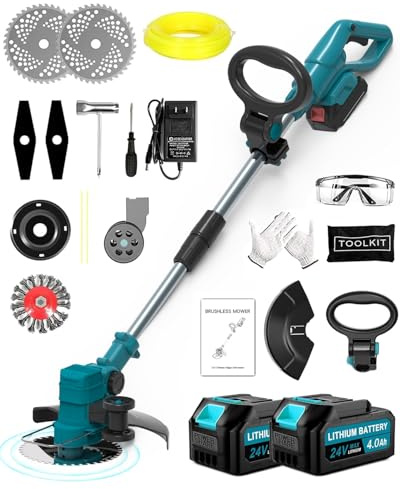 Akku Rasentrimmer für Makita-Akkus,Elektro Bürstenlose Rasentrimmer mit Akku, 4-in-1Freischneider Akku mit 2x2Ah Batterie,4 Arten Klingen für Rasenschneiden und Garten