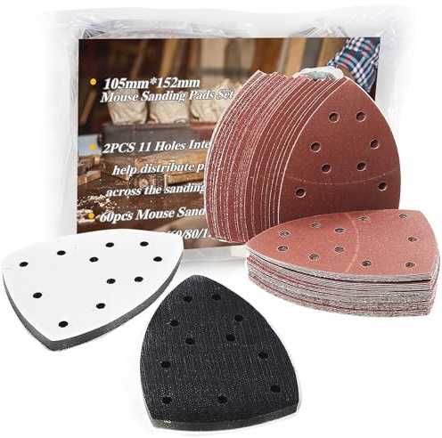60pcs Mouse Sander Pads 11-Hole Mouse Sandpaper Sheets Grit 40-240 Sanding Sheets with 2pcs Detail Interface Pads for Mouse Sander Compatible for Bosch Multi-Sander PSM 100A/200 AES/PSM 18