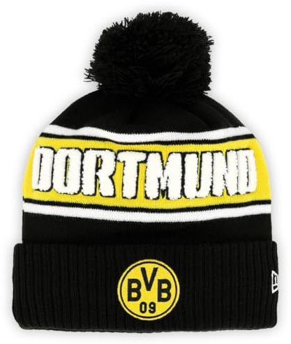 Dortmund Borussia BVB Bommelmütze – New Era Wintermütze Schwarz Gelb – Offizieller BVB Fanartikel – Warme Strickmütze Herren Damen Beanie