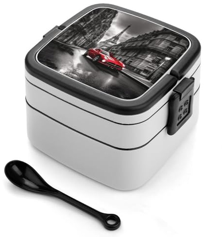 SMAZDFXX City Street Lunchbox in Form eines roten Autos mit auslaufsicherem Deckel und herausnehmbaren Trennwänden