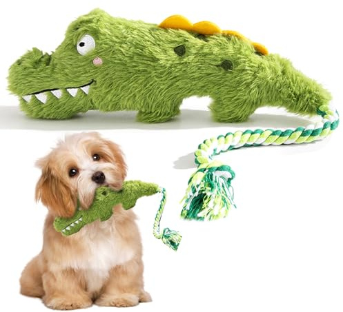 InteDesign Squeaky Toys Dog Plush Toys,Funny Crocodile shape Dog Toy,Indestructible Rope Toys With Natural Cotton,Puppy Toy with Squeaker & Rope Tail,Teeth Cleaning & Boredom