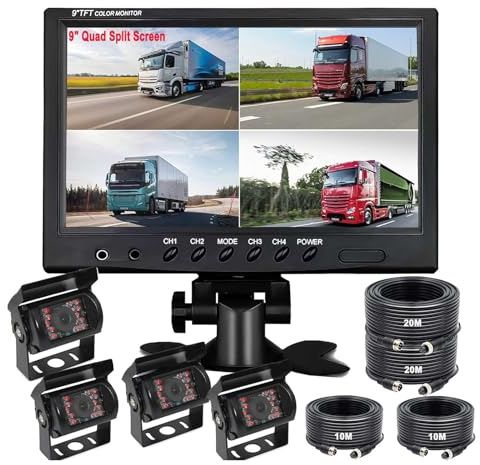 9-Zoll-Kabelgebundenes Rückfahrkameraset, 9 HD-Display mit 4-teiliger Bildschirm mit wasserdichter Rückfahrkamera für Rück- und Vorwärtsblick, Nachtsicht für LKW/Anhänger/Bus/Wohnwagen/RV 9V-36V