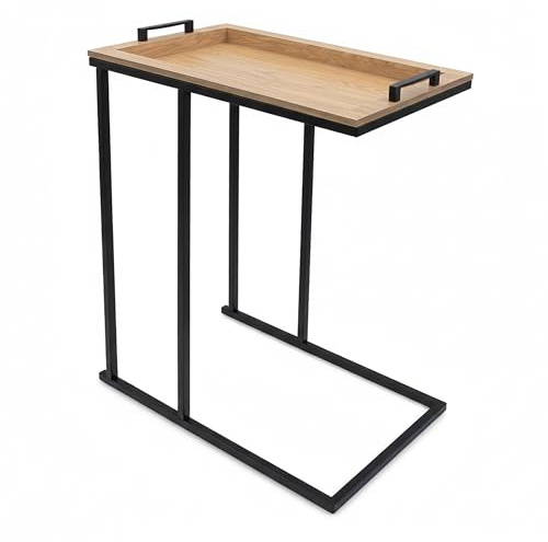 Spetebo Sofa Beistelltisch in C-Form schwarz mit Tablett - 60 x 45 cm | Abnehmbare Holz Tablett Tischplatte, Couch Zustelltisch, Kaffeetisch Teetisch Betttisch, Ablagetisch Deko Tisch