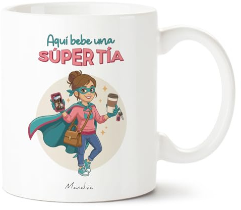 Manahia - Taza Tía - Aquí bebe una súper tía | Regalo Original Sobrinos, Supertía - Idea Sorpresa Cumpleaños, Navidad | Caja Regalo Kraft