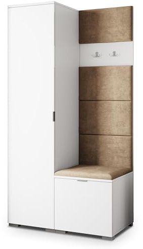 Masseno Flugarderoben Set Lori, Kleiderschrank-Set mit Sitzbank, Garderobenschrank Flur mit 3 Regalböden, Weiß
