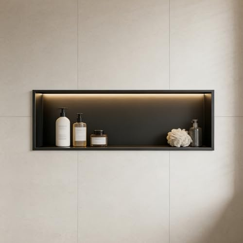 Dexinhdh Nicchia Doccia In Acciaio Inossidabile, Mensola A Incasso Per Bagno Con Luce LED, Design Inclinato A 90,5°, Nicchia Orizzontale A Incasso Impermeabile Per Camera Da Letto(Black,120cm)