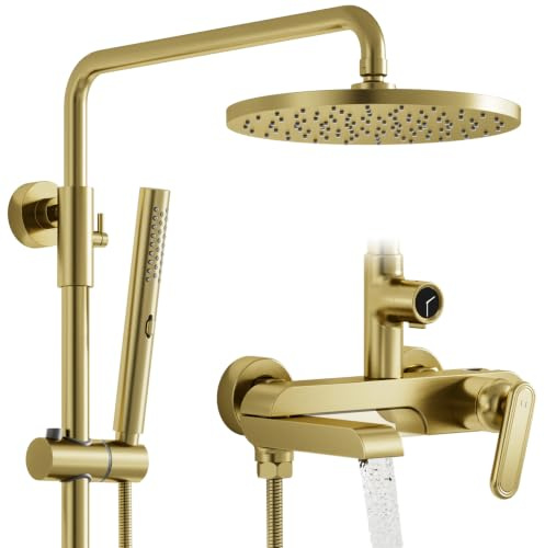OihPaw Colonne de douche, douche or brossé, robinet de baignoire pivotant | Équipé d’un corps de vanne en laiton, douche de tête 250 mm, douchette multifonction 3 modes et robinet de baignoire pivotant