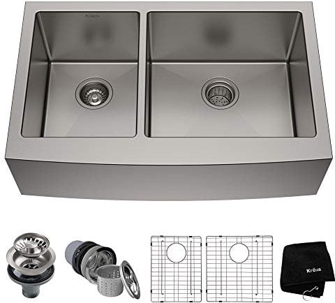 Kraus KHF204-33 33 inch Farmhouse Apron 60/40 Double Bowl 16 Gauge Stainless Steel Kitchen Sink