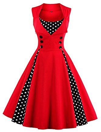 Axoe Damen 50er Jahre Cocktailkleid Rockabilly Elegantes Faltenrock Festliches Partykleider Vintage Kleid Audrey Hepburn Abendkleider mit Polka Dots Knielang, Rot-schwarz, S (36 EU)