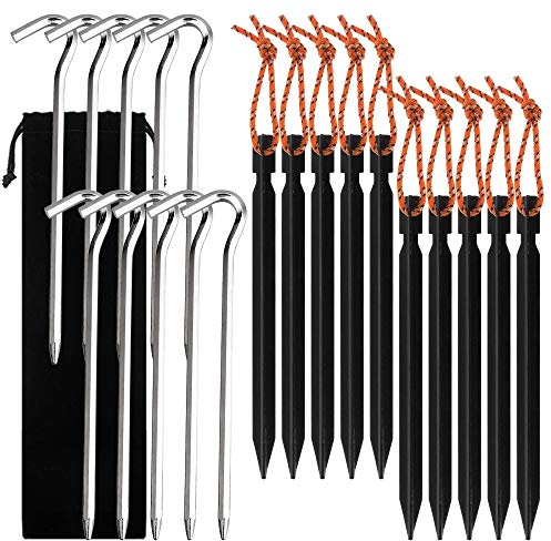 SourceTon Zeltheringe für den Außenbereich, 20 Stück, hochwertiges 7075 leichtes Aluminium, 17,8 cm, Nagelspieße, Gartenpfähle, Campingheringe für Camping, Zelt, Bonus mit Tragetasche