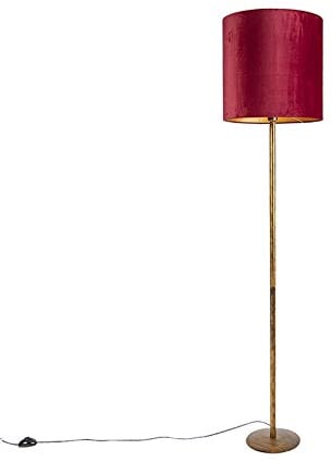 QAZQA - Klassisch I Antik Vintage Stehleuchte I Stehlampe I Standleuchte I Lampe I Leuchte Gold I Messing mit rotem Schirm 40 cm - Simplo I Wohnzimmer I Schlafzimmer - Stahl Länglich - LED geeignet E2