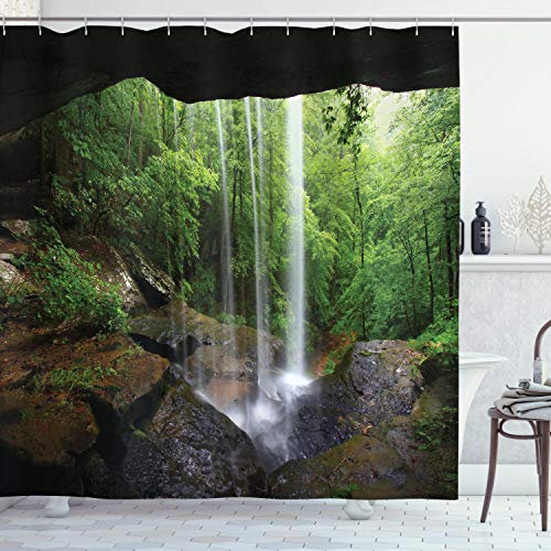 ABAKUHAUS Wasserfall Duschvorhang, Northern Alabama, Stoffliches Gewebe Badezimmerdekorationsset mit Haken, 175 x 220 cm, Grün Braun