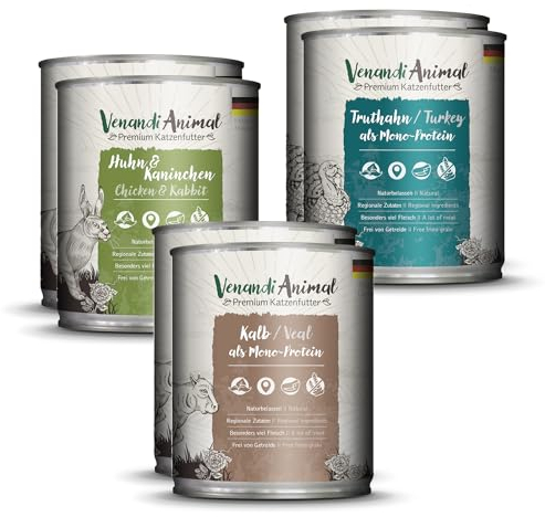 Venandi Animal Premium Nassfutter für Katzen, Probierpaket II, Huhn + Kaninchen, Kalb, Truthahn, 6 x 800 g, getreidefrei und naturbelassen, 4.8 kg
