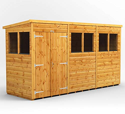 POWER High Grade Premium Pent Garden Wooden Shed with Double Door, PVC Window sills, Door & Window Flexibility, made from 12mm Extra Thick Timber & Toughened Glass