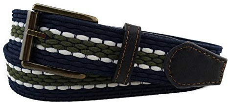 TigerTie hochwertiger Stretchgürtel mit Edelstahl Schnalle und echt Leder Applikationen blau dunkelblau oliv weiß gestreift. Gürtelbreite 35 mm, Bundweite 110 cm