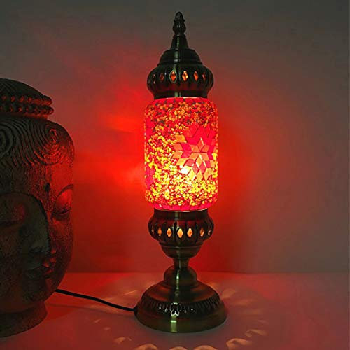 Yjmgrowing Turkish Mosaic Table Lamp Moroccan Handmade Glass Desk Lights Vintage Tiffany Style Night Light Lighting Fixtures for Bedroom Living Room Dining Room Cafe Bar Hotel, E14,Red