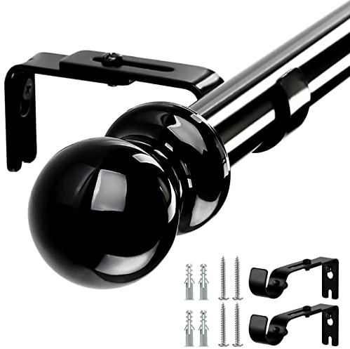 HARRMS Gardinenstange Ausziehbar, 76-221cm, Gardienenstangenset Schwarz 1 läufig, Verstellbare Vorhangstange Metall Edelstahl mit rundem Endstück für Schlafzimmer, Wohnzimmer, Kinderzimmer