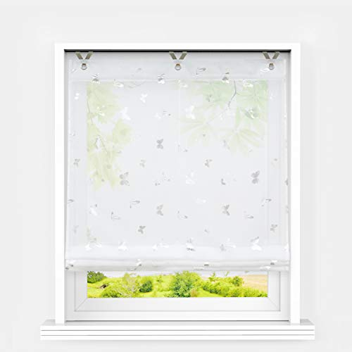 Heichkell Raffrollo mit Ösen Voile Moderne Raffgardine ohne Bohren Kleinfenster Gardine Küche Glänzende Schmetterling-Dekomuster Weiß BxH 45x130 cm
