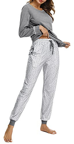 Litherday Pigiama Donna Invernale in Cotone Pigiama Lungo a Manica Lunga con Tasche Set Due Pezzi Morbido e Confortevole A-Grigio Scuro XL