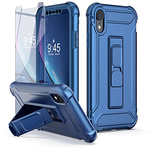 ORETECH 5-in-1 iPhone XR Hülle Mit Schutzfolie, Ständer, Vorder- Und Rückseite - Militärischer Stoßfester Ganzkörperschutz Für 6,1 - Blau
