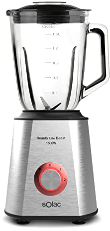 Solac - Batidora de vaso Beauty&Beast! 1500 W | Jarra vidrio graduada 1.5L | 2 velocidades + TURBO | Procesador de alimentos profesional con cuchillas INOX de 6 hojas | Pica hielo | Acero Inoxidable