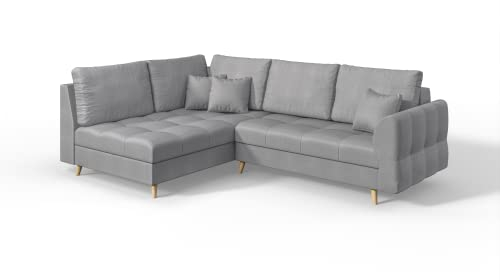 S-Style Möbel Monaco Viersitziges Ecksofa Skandinavische Moderne Ecksofa Mikrofaser Stoff 231cm x 161cm x 81cm Modern Lose Rückenlehnenkissen 8 Hellbraune Holzbeine Eckseite Links Farbe Grau