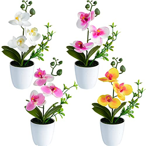 XONOR Artificial Orchid Flowers, Mini Orchid Flowers, Artificial Orchids with Plastic Vase for Home, Office, Wedding, Table Decoration, Multicolor, 4 Pieces