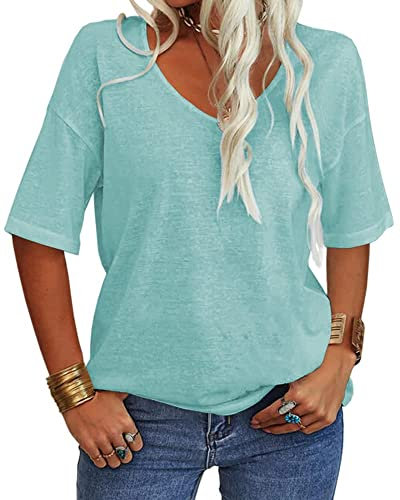 Tankaneo Camiseta de manga corta para mujer, cuello de pico, informal, suelta, básica, verano, media manga, túnica de gran tamaño, menta, M