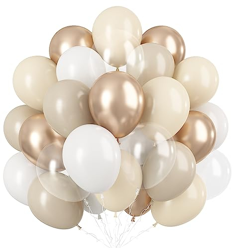 Luftballons Weiß Gold, 60 Stück Beige Gold Helium Latexballon mit Transparent Luftballons, 12 Zoll Sandweiß Creme und Metallic Gold Weiss Nude Partyballons für Boho Geburtstag Party Dekoration