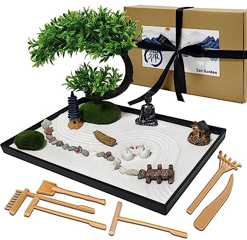 LuXianYS Japanese Zen Garden, Mini Zen Garden Home Decoration for Desk with Rake, Mini Zen Sand Rock Garden Ornament, Meditation Gift Set for Meditation, Relaxation and Gift