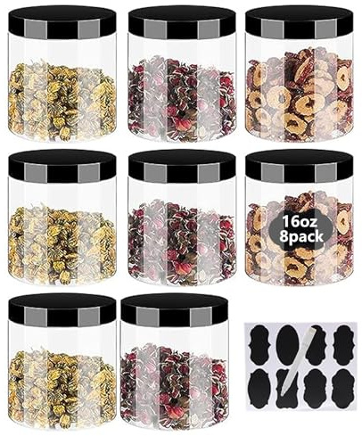 YBCPACK 8 Pack 16oz Clear Plastic Jars With Lids, 500ml Plastic Storage Jars, Empty Craft Storage Jar, Pantry Storage Jars For Dry Food, Snack, Peanut, Powder