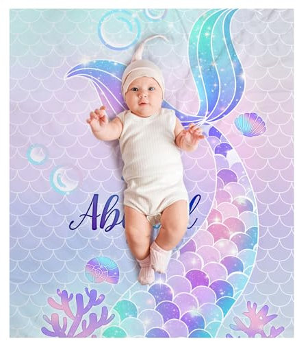 SearchI Babydecke mit Namen Personalisierte Kuscheldecke Meerjungfrau Kinder Namensdecke Weich Warme Baby-Überwurfdecke Individuelle Baby Decke Geschenke für Junge Mädchen(Meerjungfrau 02,90x120cm)