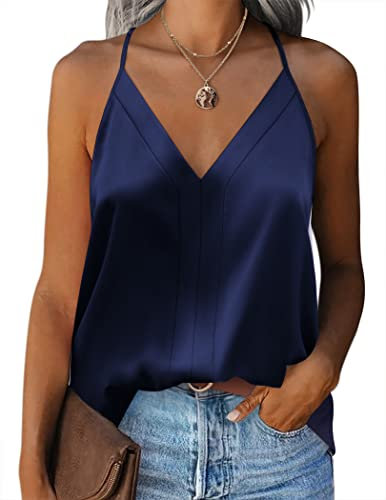 Zeagoo Canottiera da Donna in Raso Estive Canotta Elegante Blu Spalline Sottili Cami Scollo a V Tank Top, XL